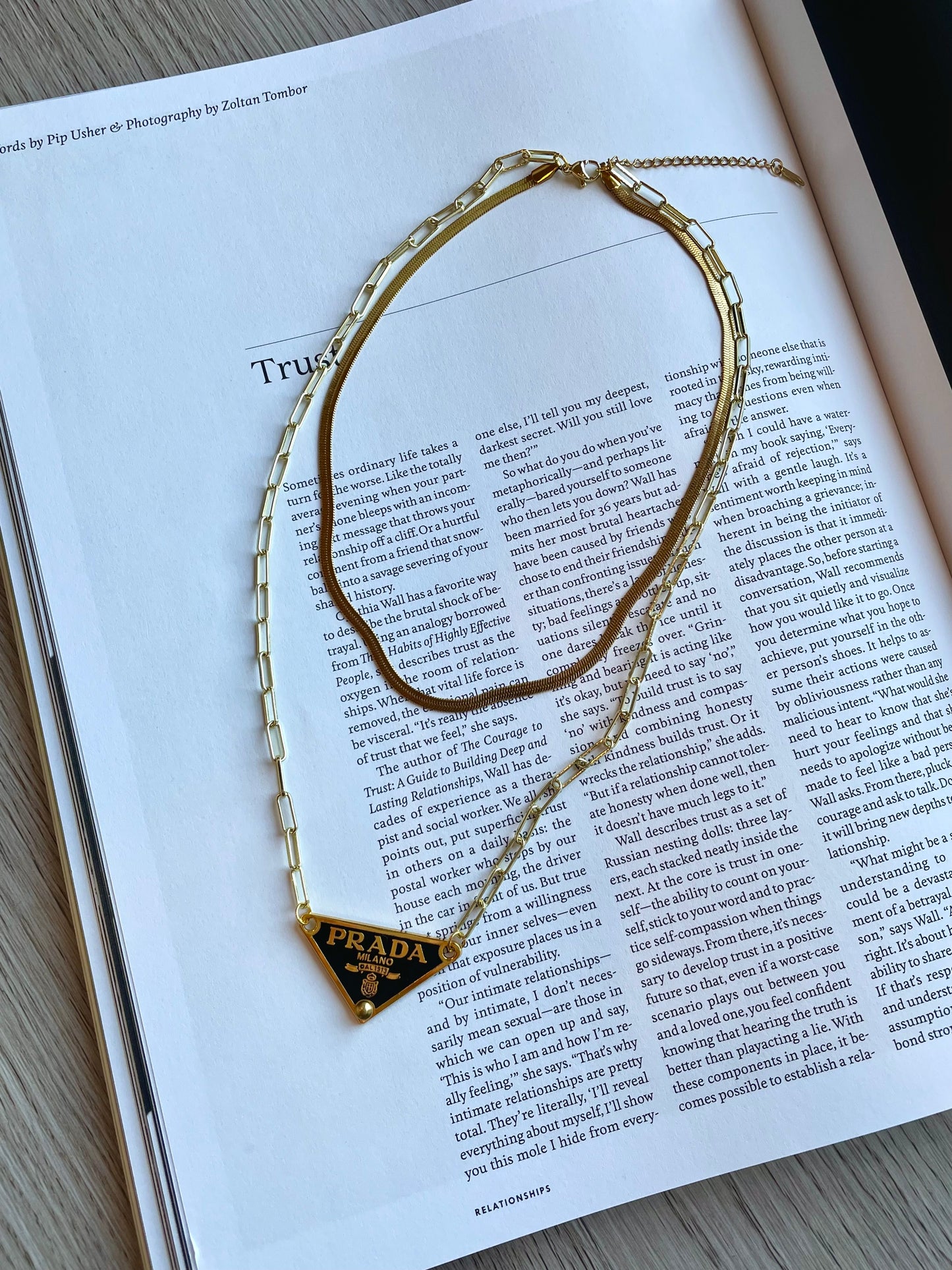 Repurposed Authentic Classic Triangle Logo Tag Layered Necklace (Gold Plated)