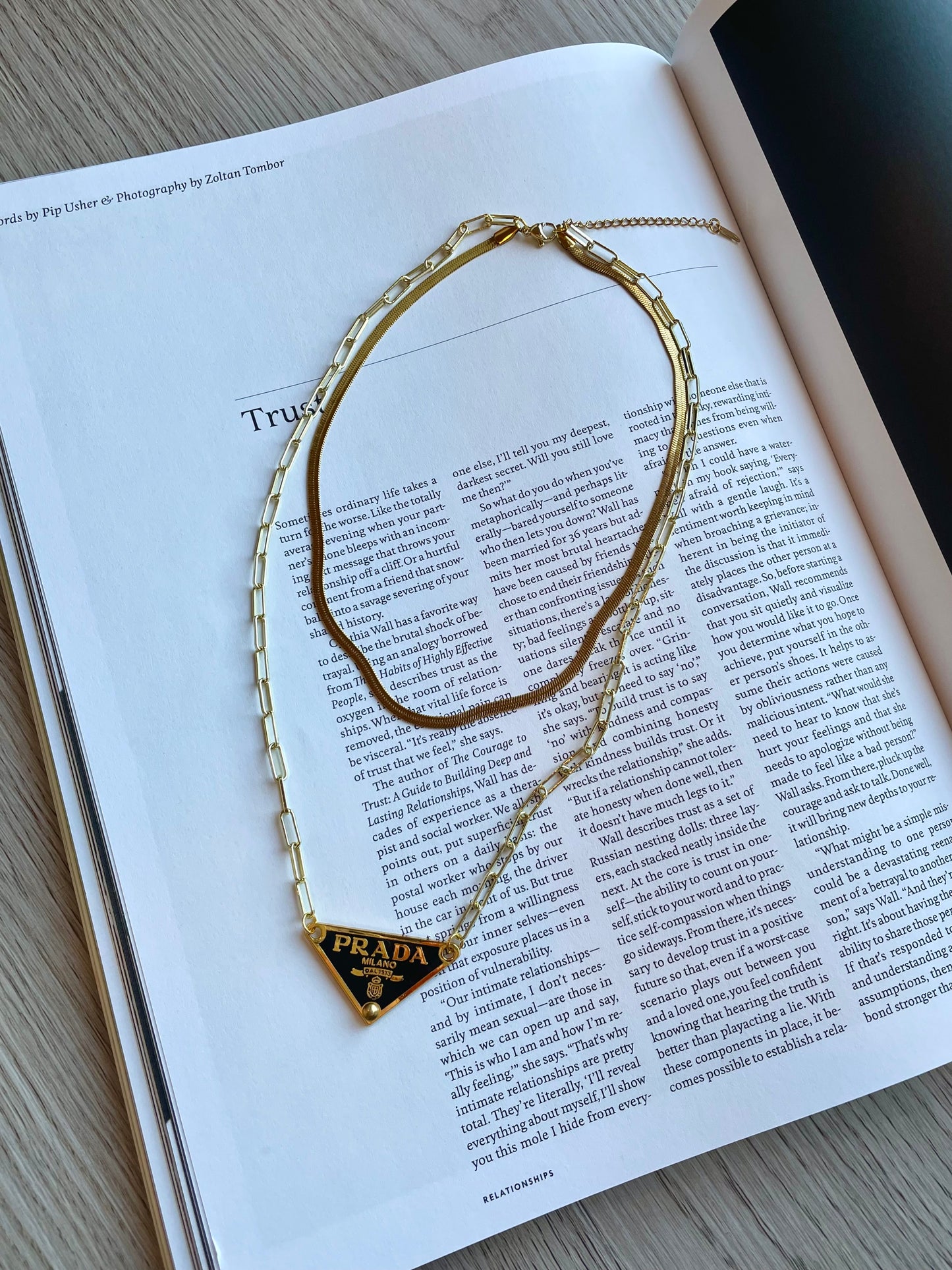 Repurposed Authentic Classic Triangle Logo Tag Layered Necklace (Gold Plated)