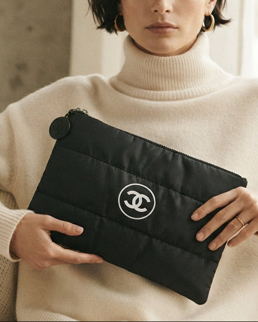 Chanel Beaute Puffy Nylon Cloud Makeup Cosmetic Pouch Clutch Black