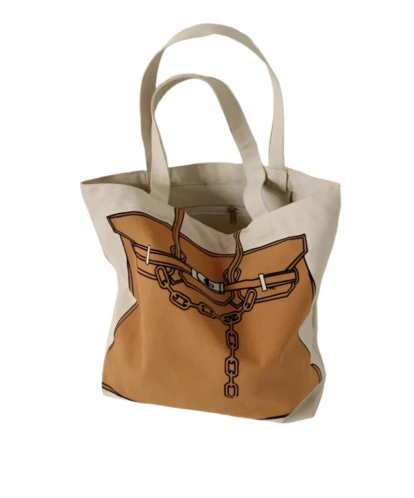 Birkin Inspired Canvas Tote Bag – Drawing Print Shopper, Large Everyday Shoulder Bag