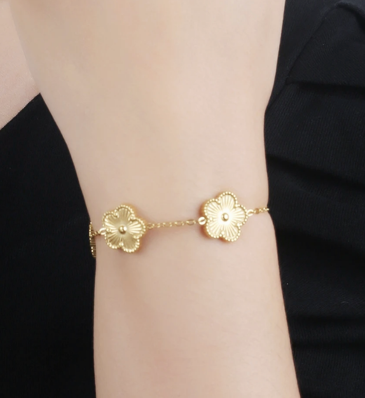 18K Gold and Silver Stainless Steel Adjustable Clover Flower Bracelet