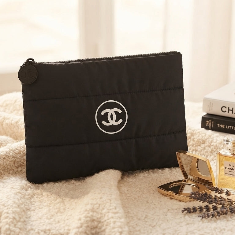 Chanel Beaute Puffy Nylon Cloud Makeup Cosmetic Pouch Clutch Black