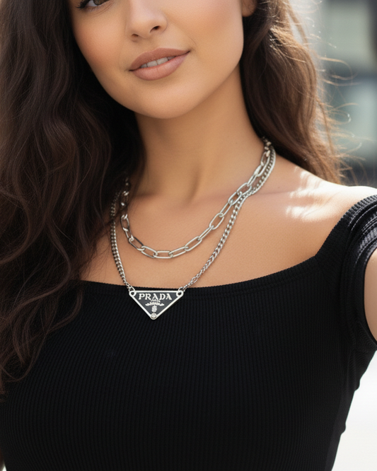 Repurposed Authentic Classic Triangle Logo Tag Layered Necklace