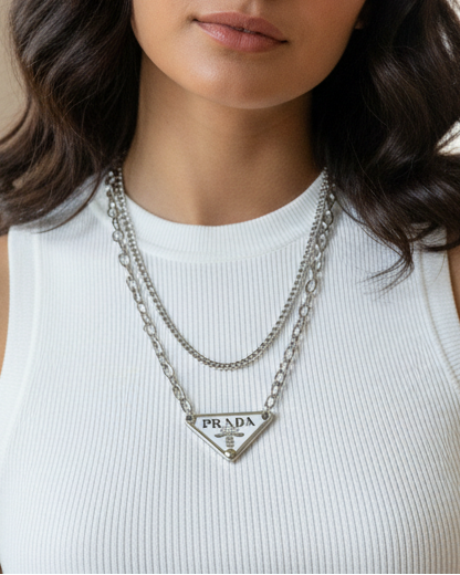 Repurposed Authentic Classic Triangle Logo Tag Layered Necklace