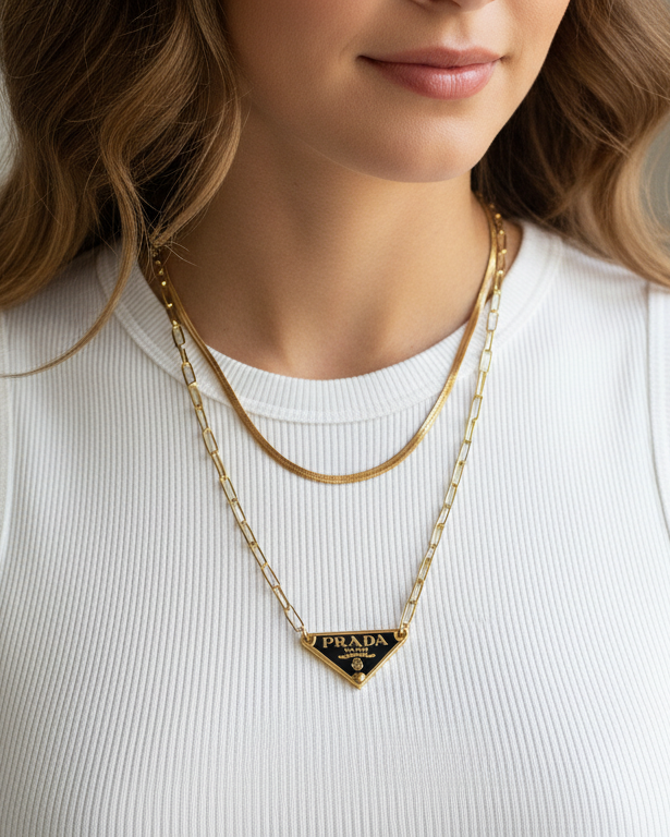 Repurposed Authentic Classic Triangle Logo Tag Layered Necklace (Gold Plated)