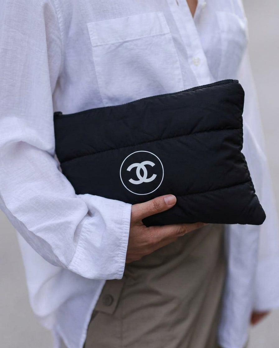 Chanel Beaute Puffy Nylon Cloud Makeup Cosmetic Pouch Clutch Black