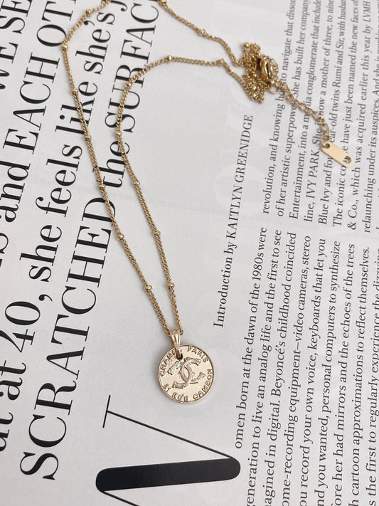 Repurposed Authentic Designer Coin Button Gold Plated Necklace