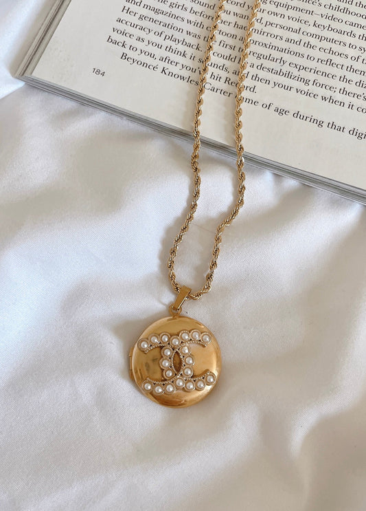 Repurposed Authentic Designer Button Gold Plated Locket Necklace