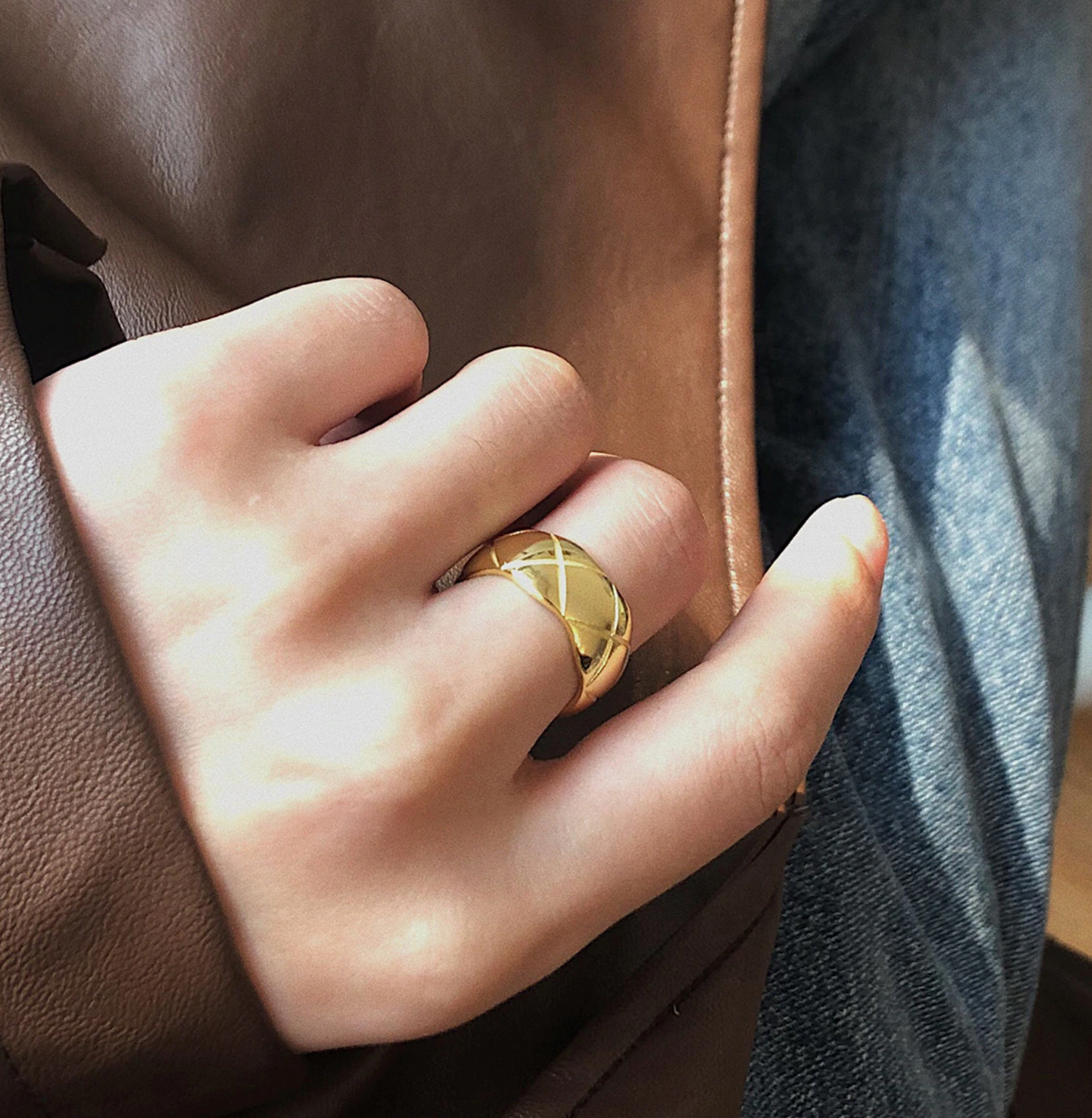 Quilted Adjustable Statement French Minimalist Gold Plated Ring