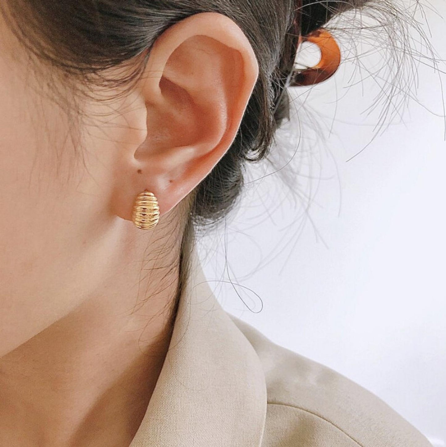 18K Gold Plated Croissant Earrings, Textured Minimalist Tiny Huggie Earrings