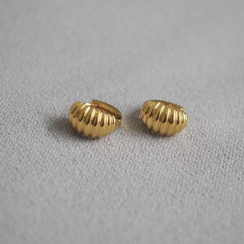 18K Gold Plated Croissant Earrings, Textured Minimalist Tiny Huggie Earrings