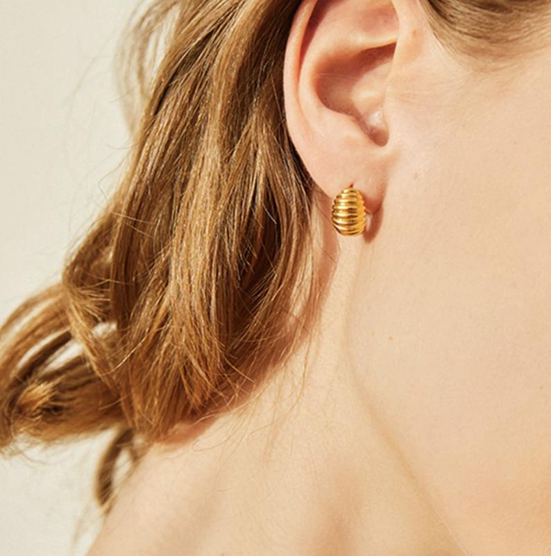 18K Gold Plated Croissant Earrings, Textured Minimalist Tiny Huggie Earrings